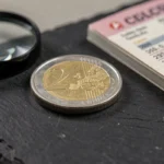 Gros plan d'une pièce de 2 euros Jeux Olympiques posée sur une ardoise avec loupe et guide de cotation numismatique