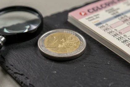 Gros plan d'une pièce de 2 euros Jeux Olympiques posée sur une ardoise avec loupe et guide de cotation numismatique