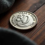 Pièce de 50 francs argent 1977 type Hercule posée sur une surface en bois sombre, vue de dessus en macro révélant la patine et les détails de frappe