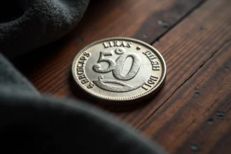 Pièce de 50 francs argent 1977 type Hercule posée sur une surface en bois sombre, vue de dessus en macro révélant la patine et les détails de frappe