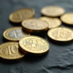 Gros plan sur plusieurs pièces de 50 centimes d'euro posées sur une ardoise sombre, révélant leurs détails et leur patine de collection