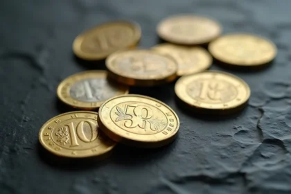 Gros plan sur plusieurs pièces de 50 centimes d'euro posées sur une ardoise sombre, révélant leurs détails et leur patine de collection