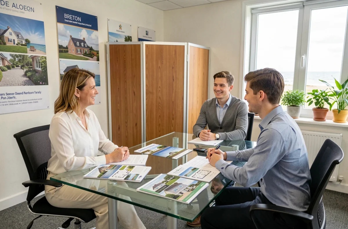 Conseillère de Pierre Promotion présentant des programmes immobiliers neufs à un couple d'investisseurs dans une agence du Finistère