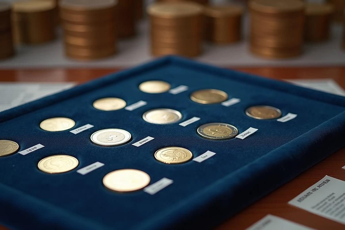 Plateau de collection en velours bleu présentant des pièces de 50 centimes rares de différents pays européens avec leurs étiquettes