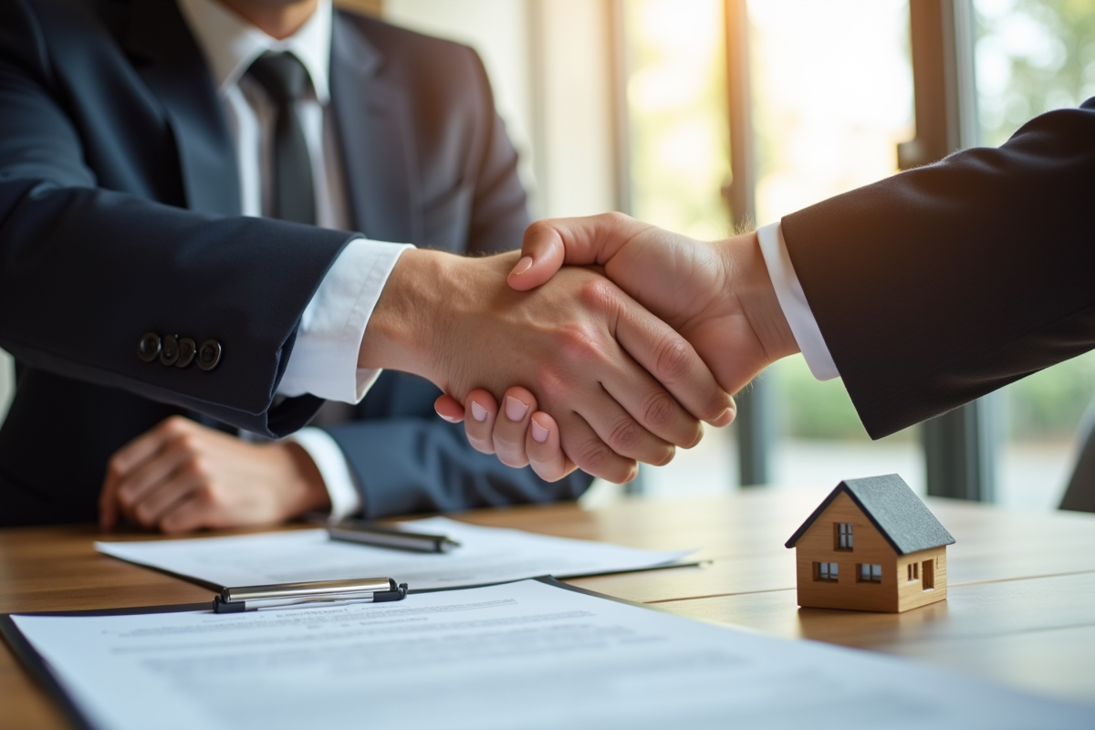 Poignee entre professionnel et client avec contrat et clés