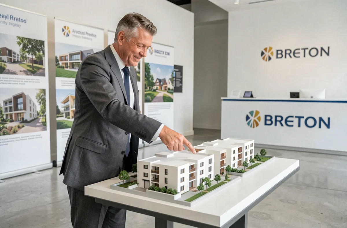 Promoteur immobilier présentant une maquette de programme résidentiel neuf pour Polimmo Promotion Aménagement dans le Finistère