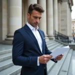Homme politique en costume marine devant un bâtiment gouvernemental consultant un document officiel, illustrant la transparence financière des élus