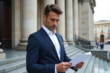 Homme politique en costume marine devant un bâtiment gouvernemental consultant un document officiel, illustrant la transparence financière des élus