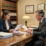 Femme préparant son premier rendez-vous avec un conseiller notarial dans un bureau professionnel