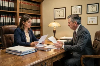 Femme préparant son premier rendez-vous avec un conseiller notarial dans un bureau professionnel