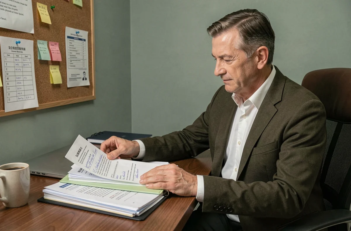 Homme âgé organisant ses documents administratifs à domicile avant un rendez-vous notarial