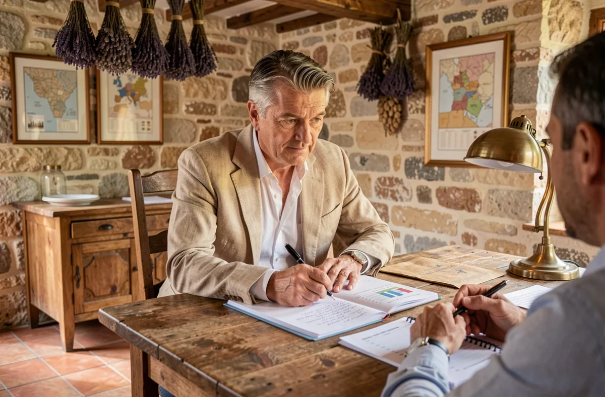 Conseiller patrimonial de Primaval Provence en consultation dans un cabinet au décor provençal traditionnel avec murs en pierre