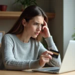 Femme tenant une carte bancaire face à un problème de connexion sur son espace e.cb La Banque Postale