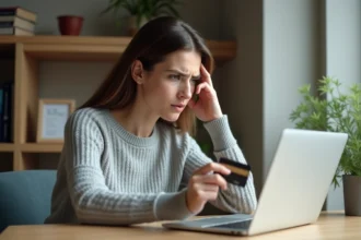 Femme tenant une carte bancaire face à un problème de connexion sur son espace e.cb La Banque Postale