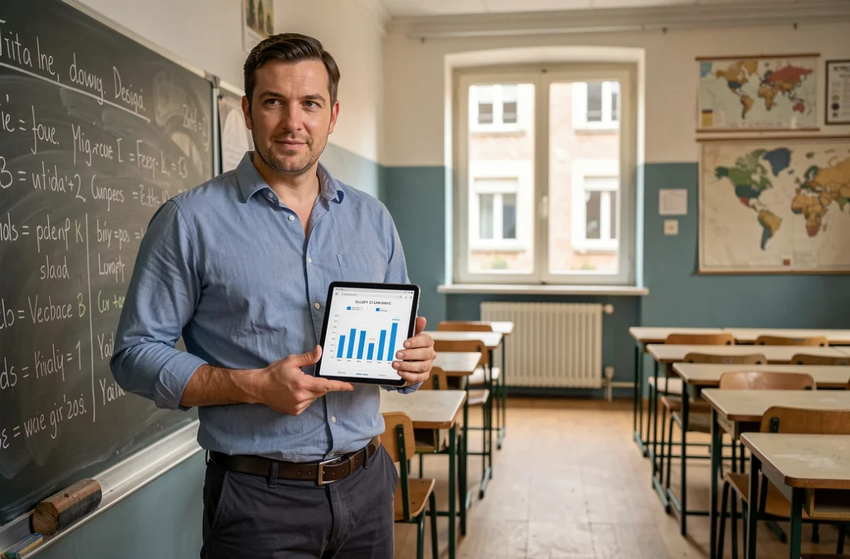 Professeur agrégé consultant un simulateur de salaire sur tablette dans une salle de classe française