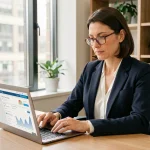 Professionnelle utilisant Cyberplus Banque Populaire sur ordinateur pour gérer la trésorerie de son entreprise à distance