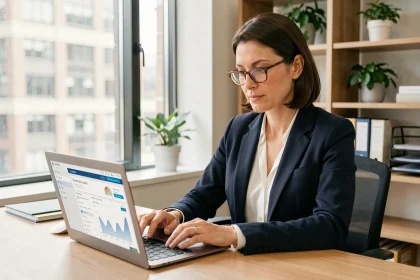 Professionnelle utilisant Cyberplus Banque Populaire sur ordinateur pour gérer la trésorerie de son entreprise à distance