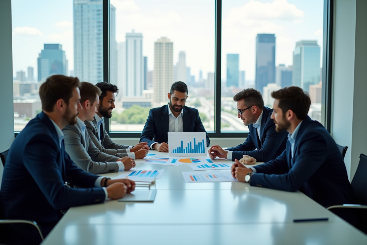 Groupe de professionnels étudie des graphiques financiers en réunion