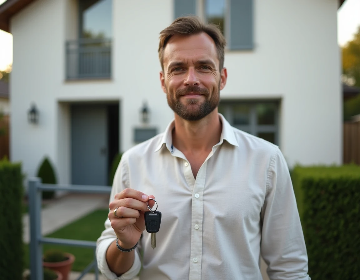 Propriétaire devant sa résidence principale achetée grâce au financement via le Livret d'Épargne Logement