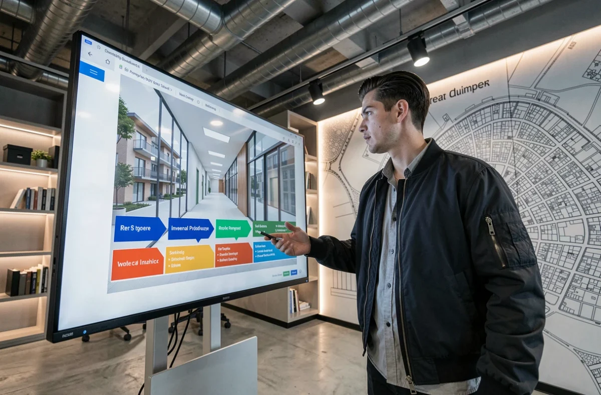 Conseiller Qoridor présentant un parcours d'investissement locatif digitalisé sur grand écran dans un bureau proptech