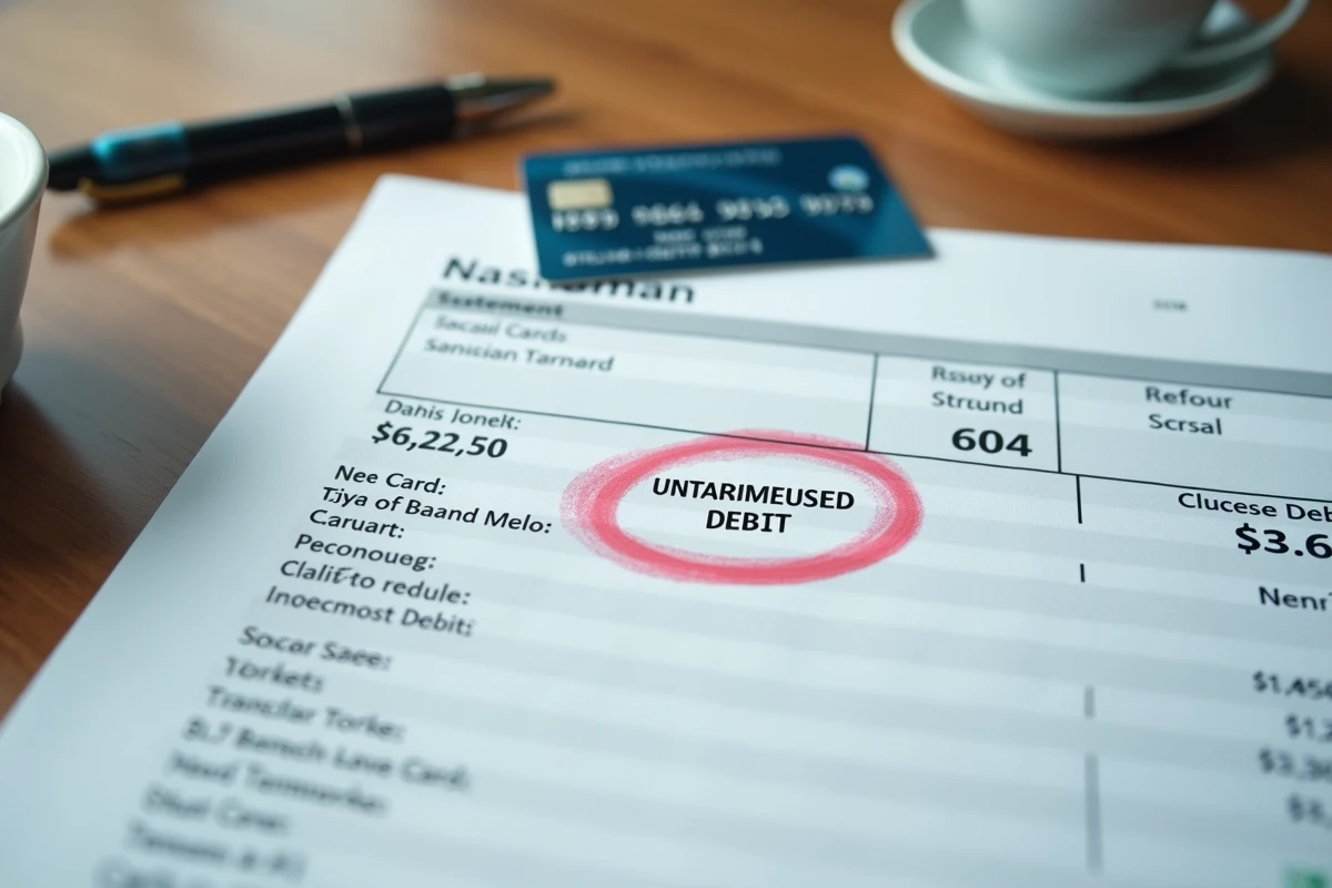 Gros plan d'un relevé bancaire avec un prélèvement de 108 euros entouré au stylo à côté d'une carte bancaire sur un bureau en bois