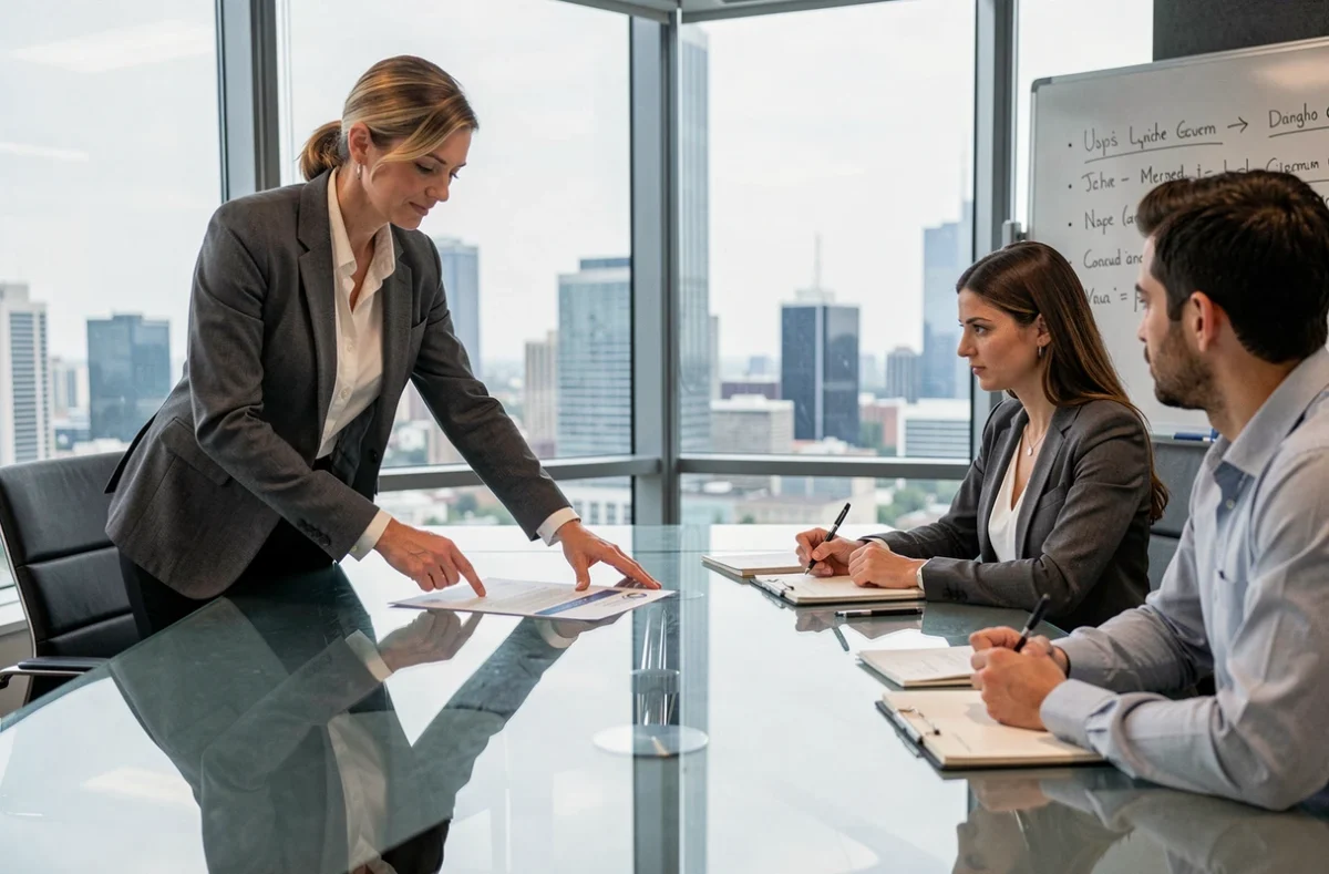 Réunion professionnelle d'experts en conformité assurance discutant des priorités entre manuel commercial et règles internes