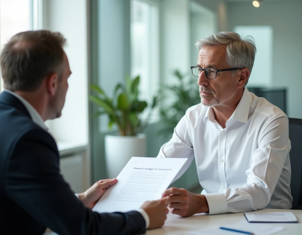 Homme en réunion avec un conseiller financier pour discuter d'un contrat d'assurance vie
