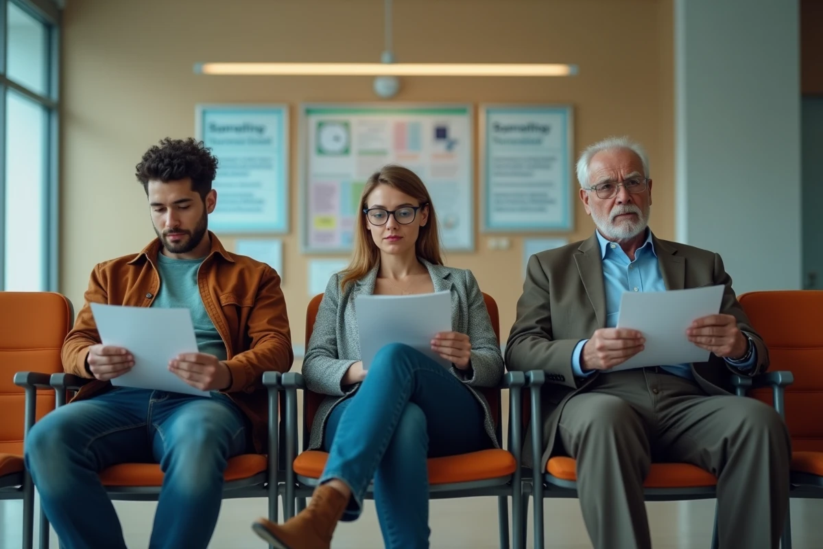 Trois personnes d'âges différents en salle d'attente d'une agence Pôle Emploi, illustrant les écarts d'allocations chômage selon l'âge