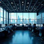 Salle de trading moderne avec écrans financiers et skyline