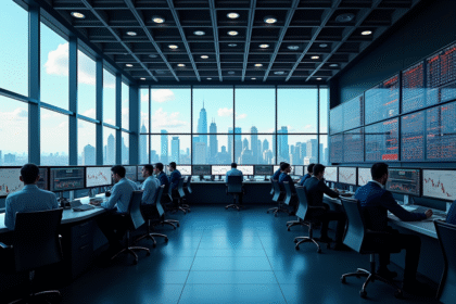 Salle de trading moderne avec écrans financiers et skyline