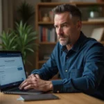 Homme configurant les paramètres de sécurité de son compte bancaire en ligne sur un ordinateur portable