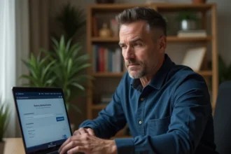 Homme configurant les paramètres de sécurité de son compte bancaire en ligne sur un ordinateur portable