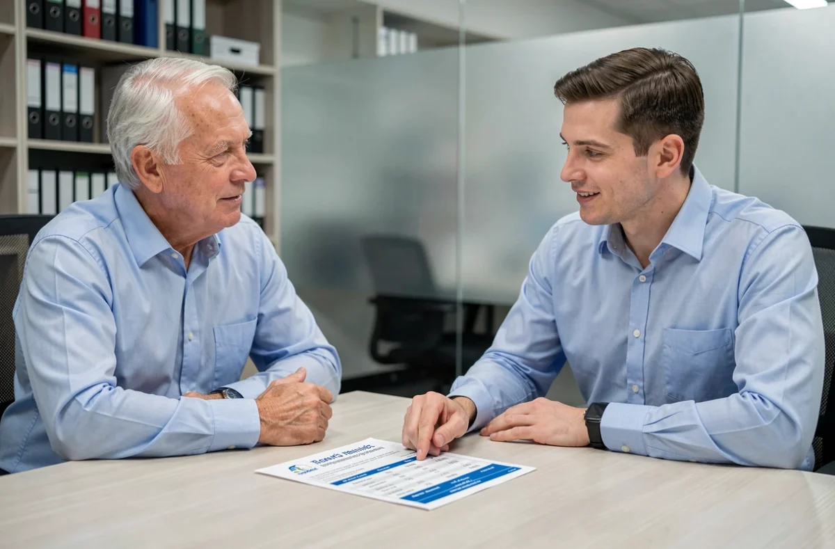 Homme senior discutant du prix de sa mutuelle santé avec un conseiller en assurance dans un bureau professionnel
