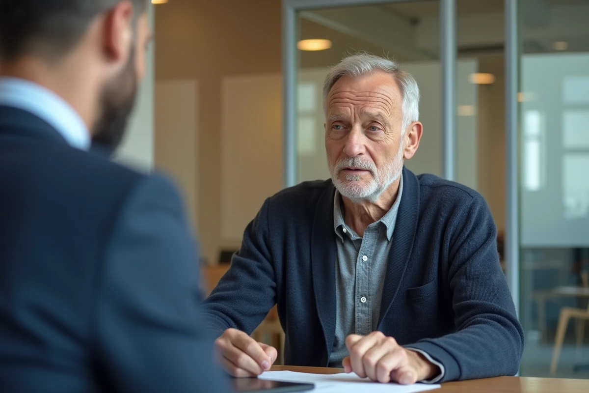 Senior de 58 ans en entretien avec un conseiller Pôle Emploi concernant ses droits aux allocations chômage