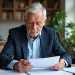 Homme senior en blazer bleu étudiant des documents de retraite