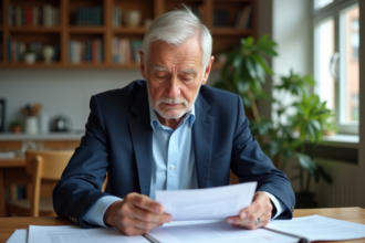 Homme senior en blazer bleu étudiant des documents de retraite