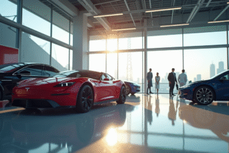 Vitrine futuriste de voitures électriques en 2025 avec Tesla