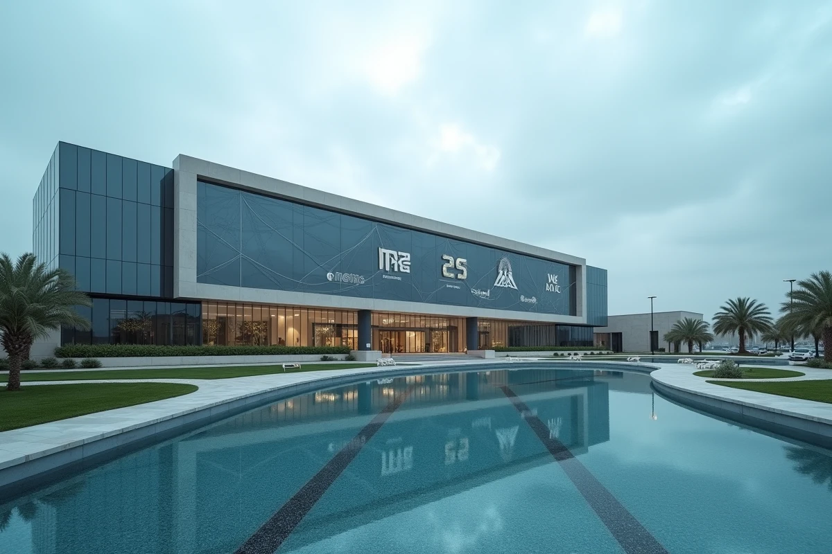 Siège social d'une entreprise qatarie moderne avec architecture contemporaine, représentant l'empire économique et médiatique lié à la fortune de Nasser Al Khelaïfi