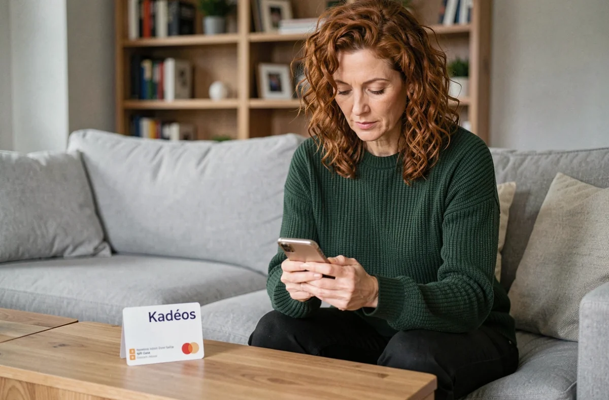 Femme consultant les sites partenaires Kadéos Infini sur son smartphone avec sa carte cadeau posée sur la table