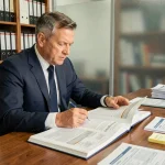 Souscripteur en assurance comparant le Commercial Lines Manual et les règles internes de l'assureur sur un bureau en bois
