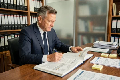 Souscripteur en assurance comparant le Commercial Lines Manual et les règles internes de l'assureur sur un bureau en bois