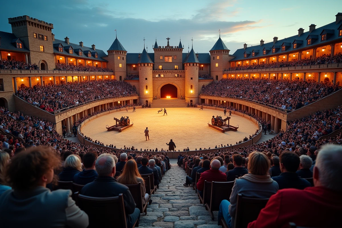 Vue panoramique d'un grand spectacle historique en plein air au Puy du Fou avec des gradins remplis de spectateurs
