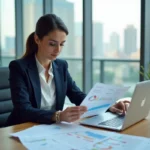 Femme cadre financière analysant des documents de stratégie de revenu dans un bureau moderne