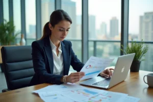 Femme cadre financière analysant des documents de stratégie de revenu dans un bureau moderne