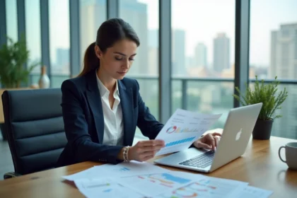 Femme cadre financière analysant des documents de stratégie de revenu dans un bureau moderne