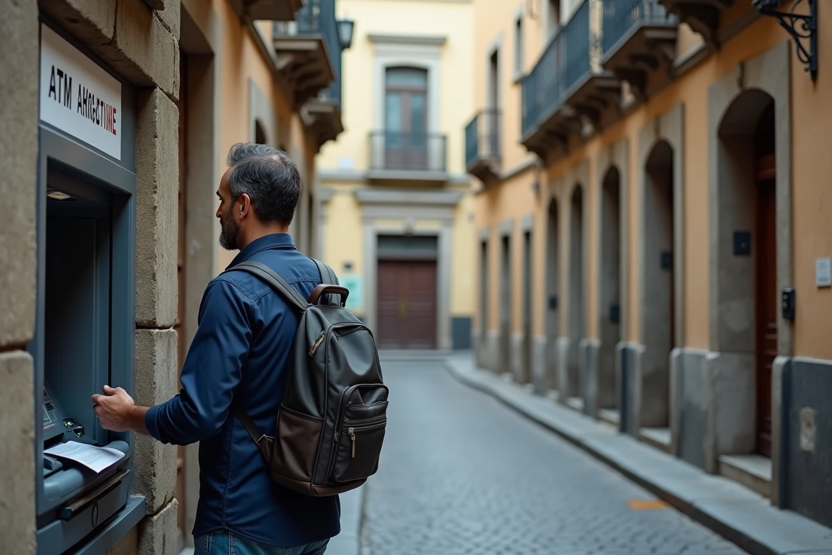 Touriste masculin retirant de l'argent à un distributeur automatique en Argentine