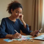 Femme nord-africaine comparant des euros et des dirhams marocains sur un bureau avec une application de transfert d'argent ouverte sur smartphone