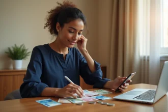 Femme nord-africaine comparant des euros et des dirhams marocains sur un bureau avec une application de transfert d'argent ouverte sur smartphone