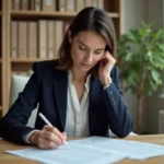 Enseignante de l'Éducation nationale vérifiant les mentions obligatoires sur son bulletin de salaire papier dans un bureau administratif