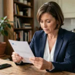 Femme vérifiant un courrier de La Banque Postale à domicile pour éviter les arnaques bancaires à distance